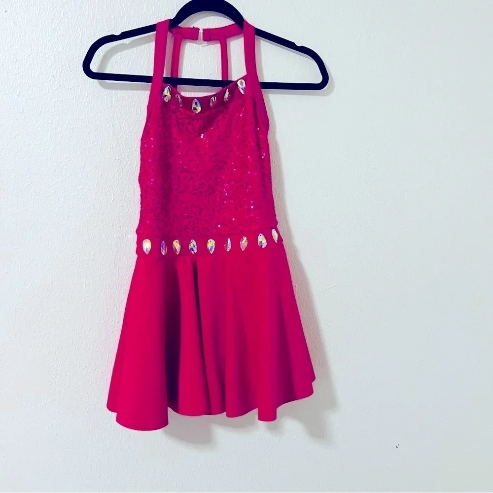 Weissman LC Large (12-14) Pink Sequins & Crystal Dance Costume Halter Neckline